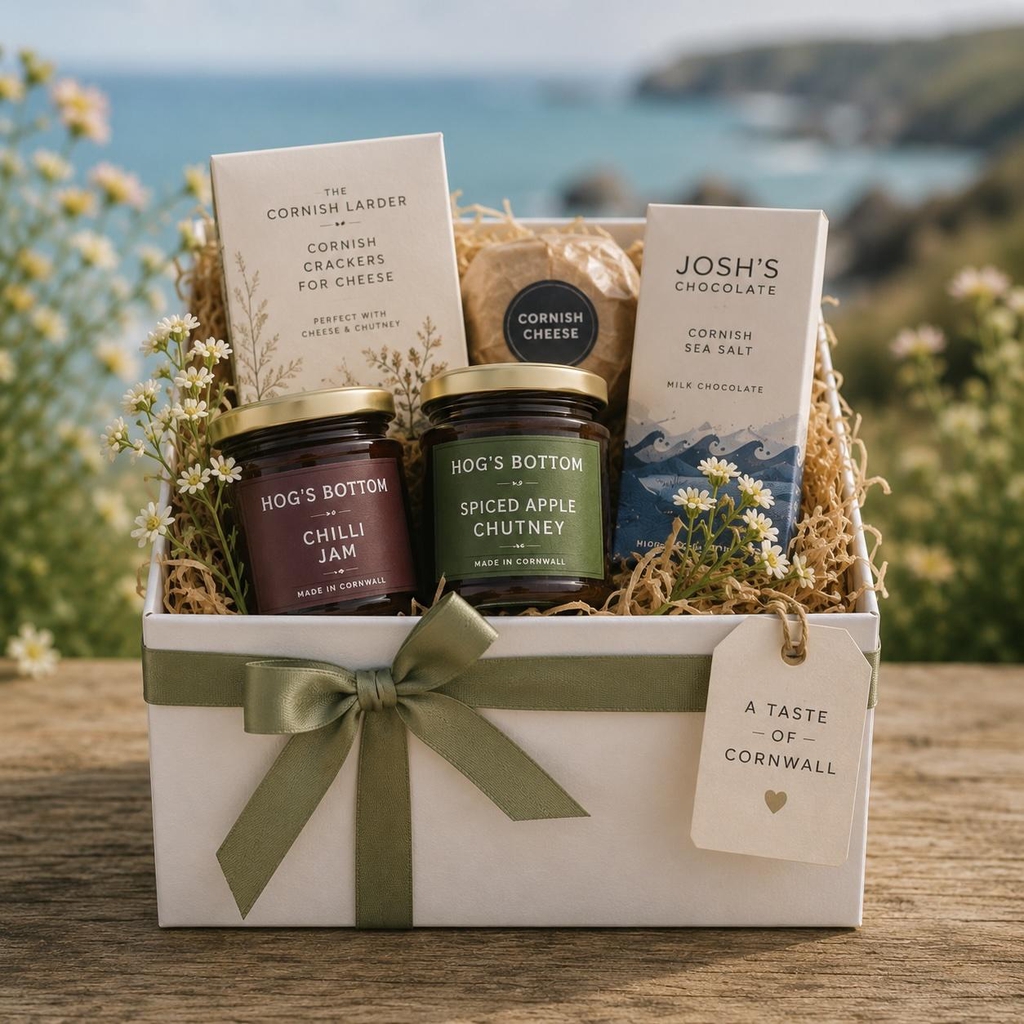 Cornish food gift boxes filled with artisan treats, chutneys and locally sourced products from Cornwall