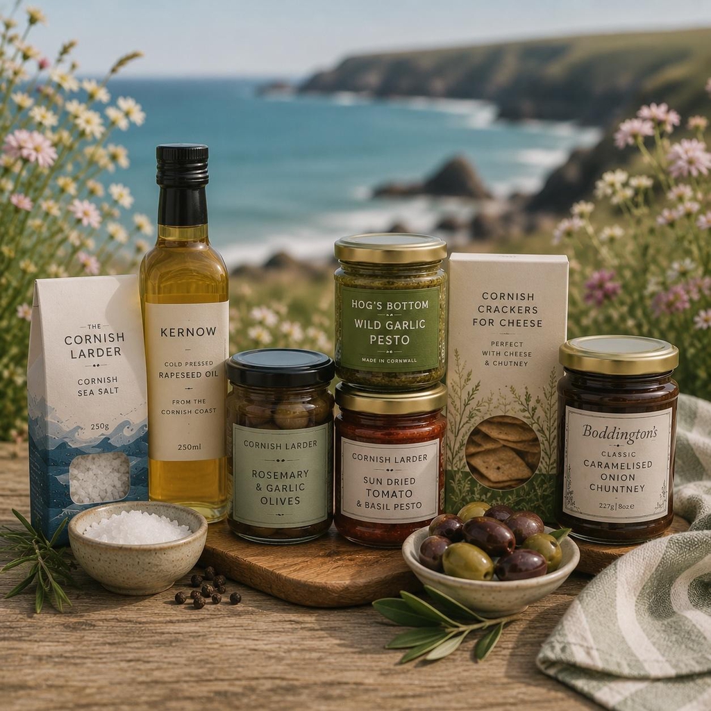 Cornish provisions including artisan crackers, sea salt, oils and speciality food products from Cornwall