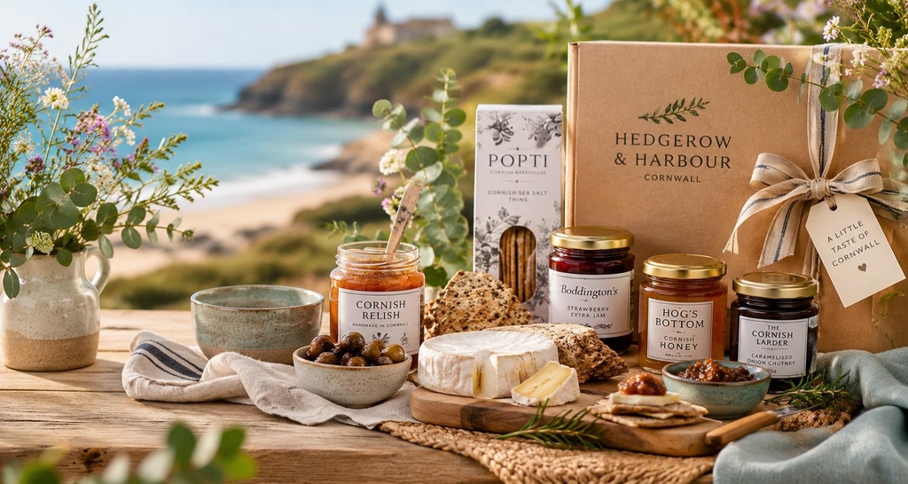 Cornish food gift box with artisan chutneys, crackers, cheese and local produce overlooking the Cornish coast