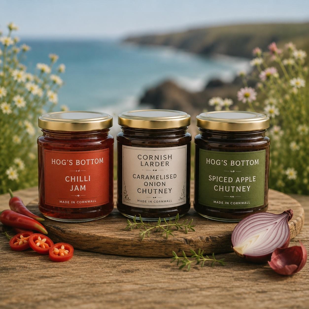 Cornish chutneys and relishes including chilli jam, caramelised onion chutney and artisan cheeseboard accompaniments from Cornwall