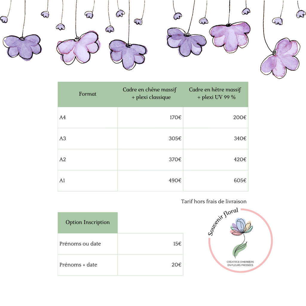 Grille tarifaire de la gamme préservation de bouquet de mariage