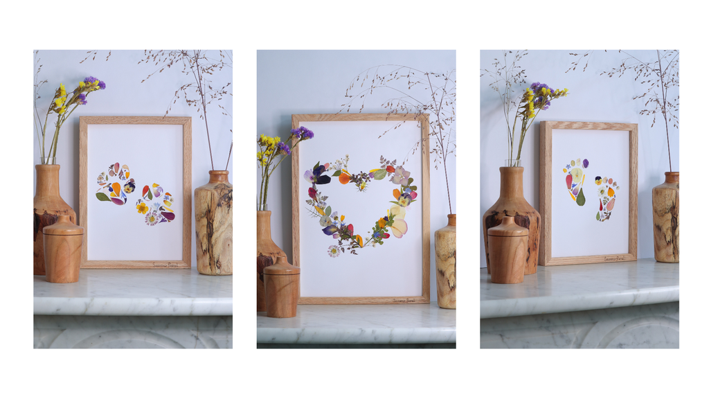 Trois herbiers personnalisables en fleurs pressées représentant des pattes de chien, un cœur floral et des empreintes de pieds d’enfants, créations artisanales Souvenir floral.