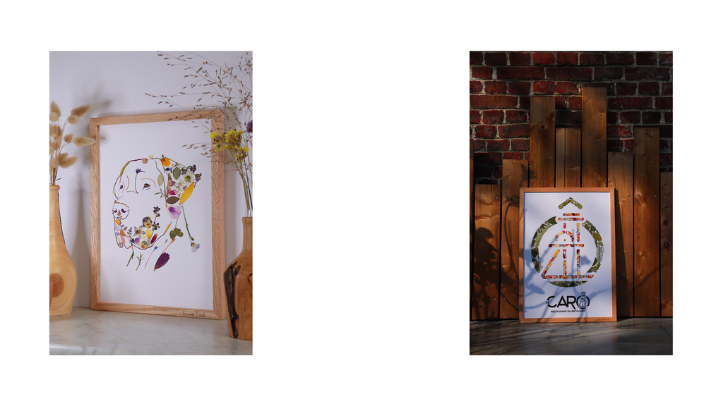 Deux photos d'herbiers 100% sur mesure en fleurs séchées (portrait de dogue Allemand et silhouette d'un chat). Fabrication artisanale en fleurs séchées, Nord de la France, Rosult
