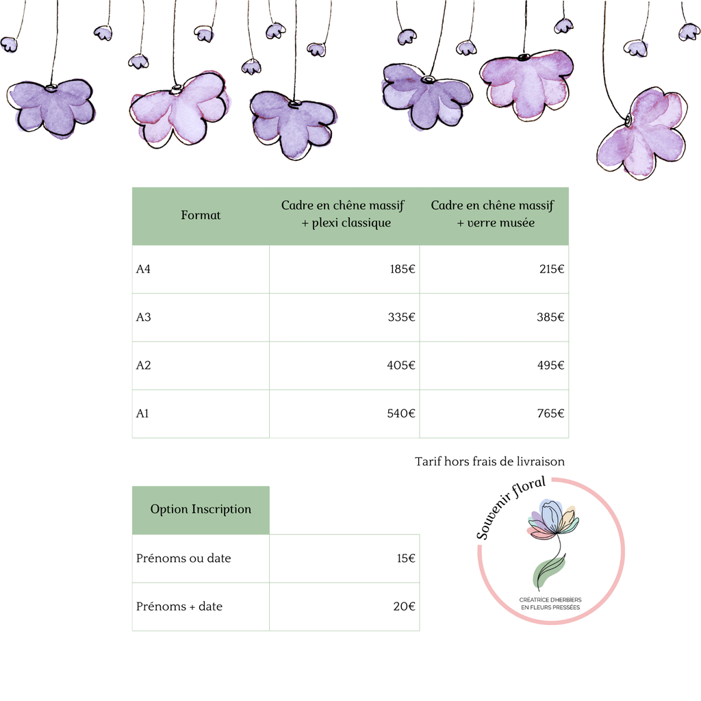 Grille tarifaire de la gamme préservation de bouquet de mariage