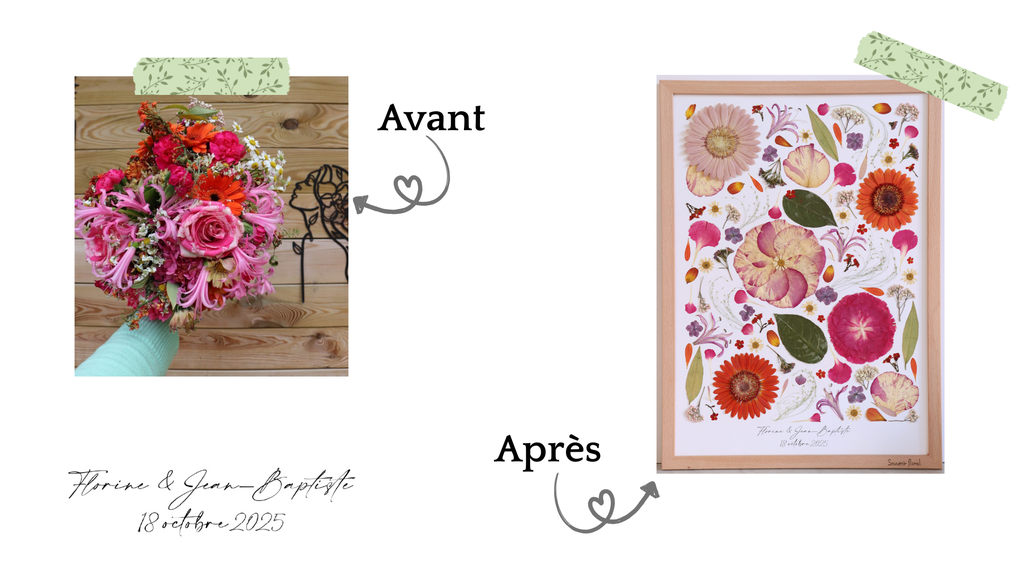 Photos avant après d'une préservation de bouquet de mariage.
