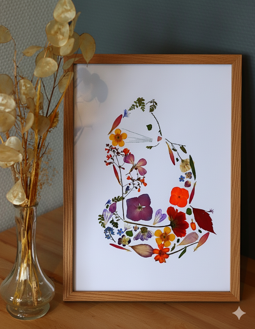 Herbier sur mesure en fleurs pressées représentant un chat, création unique et artisanale, Gamme Souvenir Floral