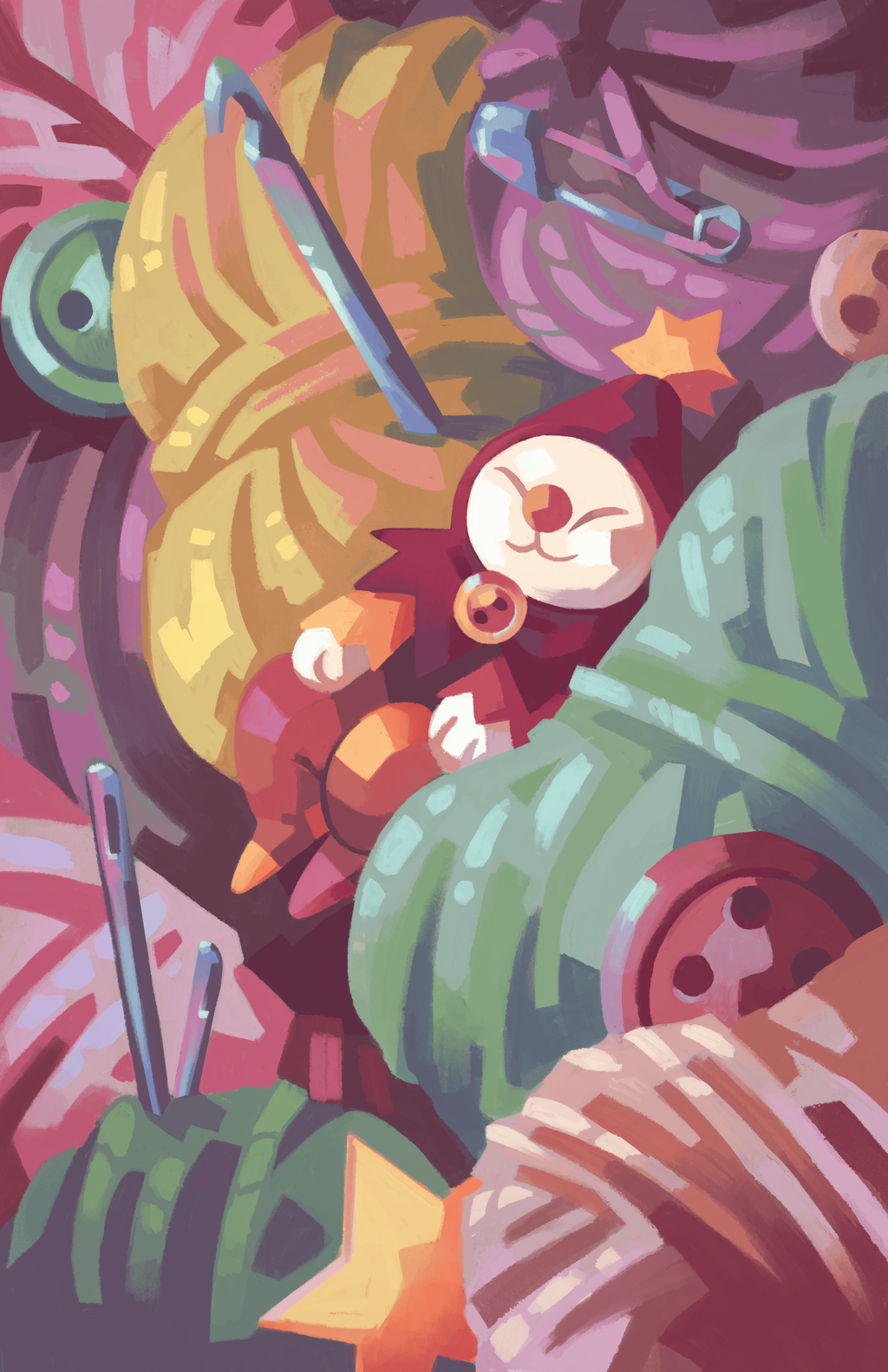 Petit clown allongé dans une montagne de laine de toutes les couleurs. Il y a aussi des aiguilles, des boutons et un crochet. L'illustration a été realisée par @maudit_gobelin sur Instagram.
