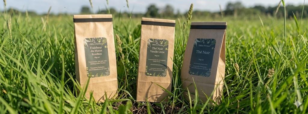 Gamme d'infusions et thés Délice d'Orties présentée en pleine nature dans un champ normand ensoleillé