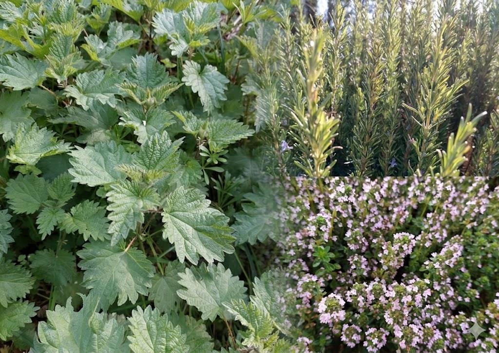 Plants d'ortie, de romarin et de thym en fleurs, les plantes phares de Délice d'Orties cultivées en Normandie