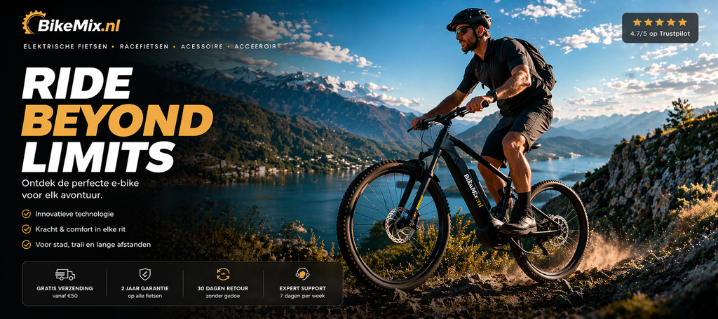 BikeMix.nl elektrische mountainbike banner met fietser in berglandschap en promotie van premium e-bikes en accessoires.