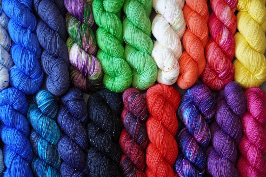 Assortiment coloré de fils à tricoter Cosmic Yarns. La photo montre plusieurs écheveaux de laines teintes à la main de différentes compositions (Mérinos Superwash, Mérinos non-Superwash, Baby Suri Alpaga et Soie) et grosseurs (lace, fingering). Les coloris variés incluent des bleus cosmiques intenses, des roses nébuleuses, des oranges, des jaunes, des violets, et des rouges vifs, les unes à côtés des autres comme un dégradé de couleurs.