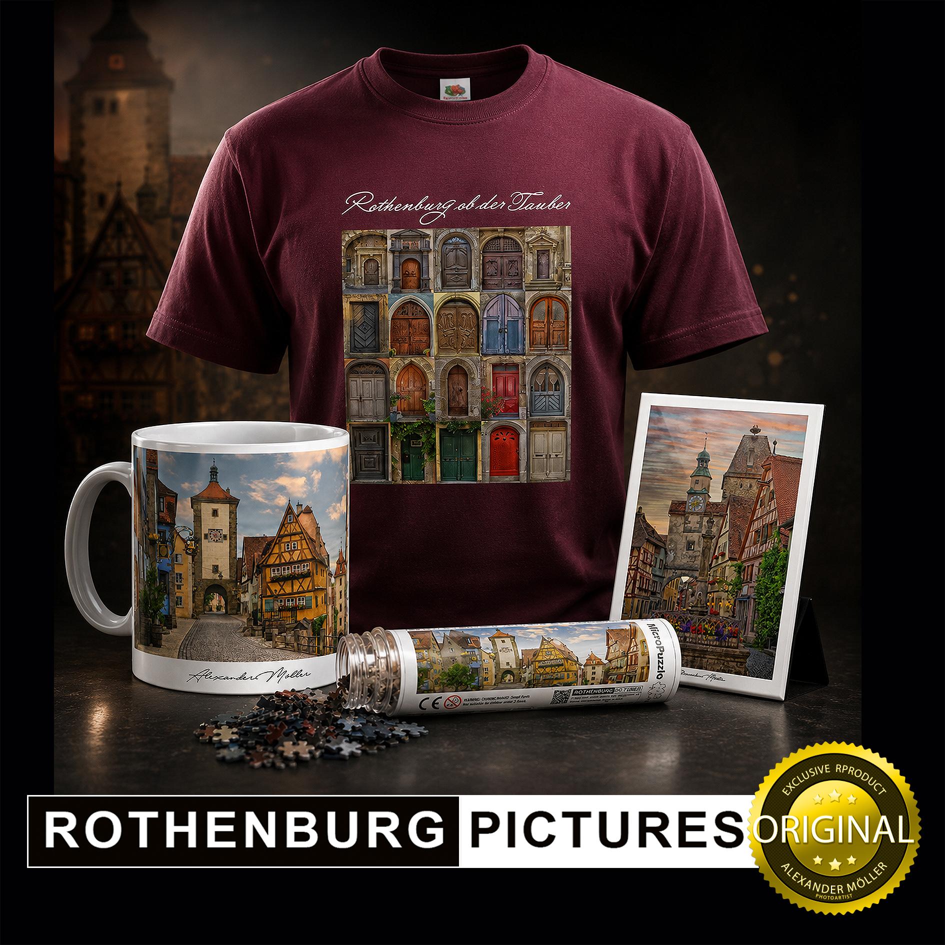Alexander Möller – ROTHENBURG PICTURES Souvenirs
Entdecken Sie besondere Erinnerungsstücke aus Rothenburg ob der Tauber. Die exklusiven Souvenirs von Alexander Möller – ROTHENBURG PICTURES verbinden eindrucksvolle Stadtmotive mit hochwertigem Design. Ob T-Shirt, Tasse, Kühlschrankmagnet oder Micro-Puzzle.
