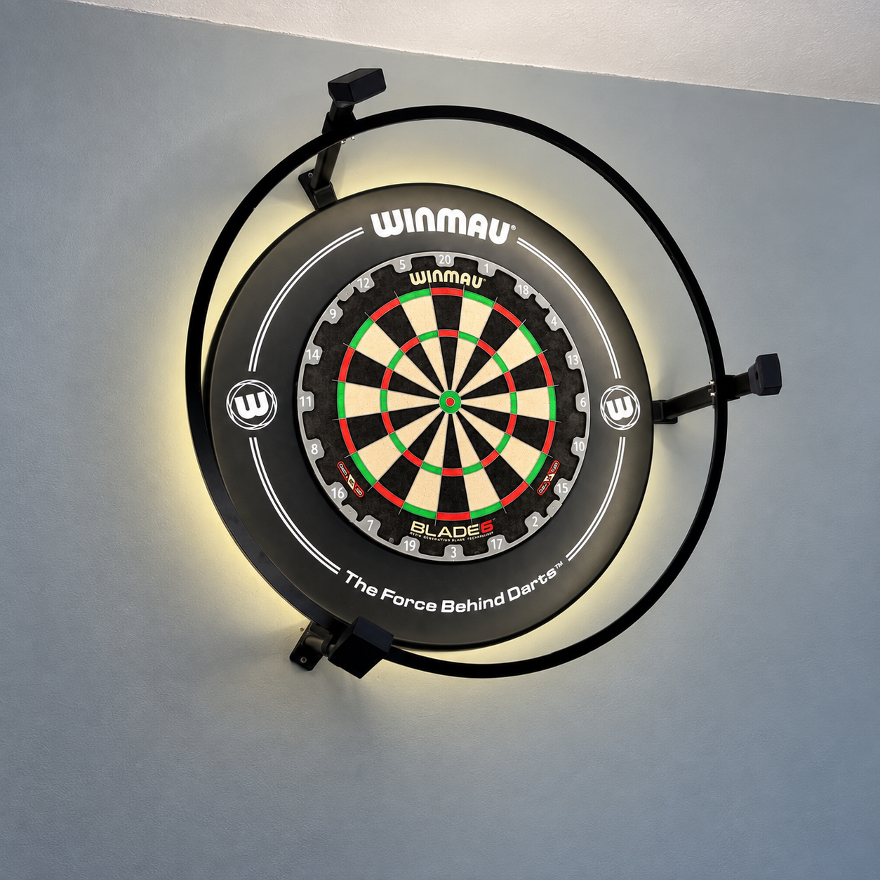 NineDartR AutoDarts camera mount kit installed with a Winmau Plasma dartboard light.