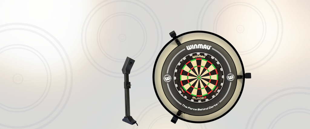 AutoDarts camera mount alongside a dartboard with Winmau Plasma lighting system