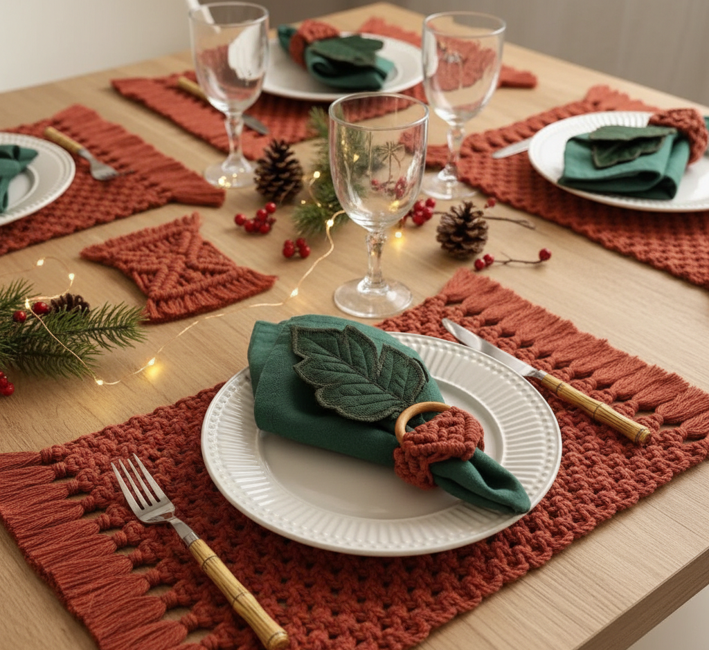 Sets de table bohème chic faits main pour Noël,  Table de fête décorée avec des sets de table en coton et lin faits main, style bohème chic avec bougies et branches de sapin.