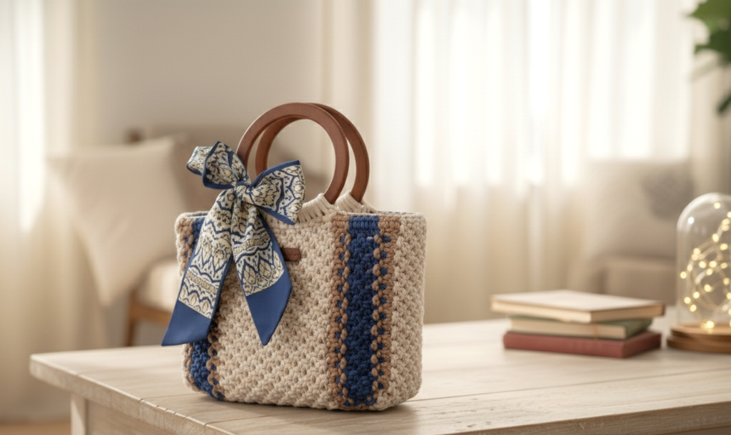 Sacs macramé bohème chic faits main – MT & Co,  Sac en macramé fait main suspendu à une chaise en bois, ambiance bohème chic avec tons neutres et végétaux.