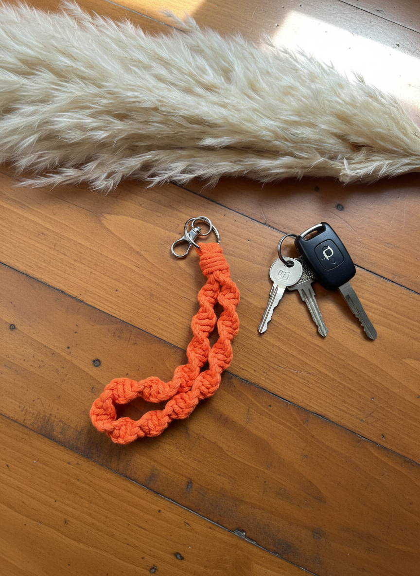 Porte-clés artisanaux en macramé – Accessoires faits main
Trousseau de clés avec porte-clés en macramé coloré fait main, posé sur une table en bois naturel.