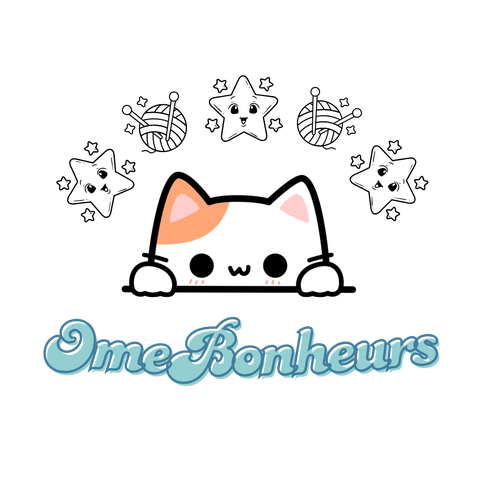 logo omebonheurs chat kawaii avec pelote de fil et crochet et étoile