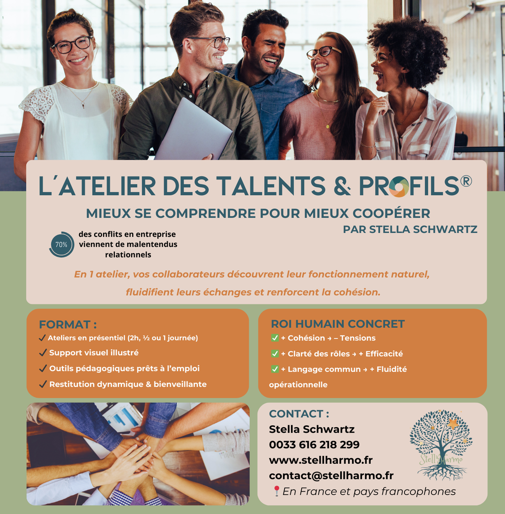 Atelier des Talents & Profils® pour les entreprises – un outil stratégique destiné aux managers et RH pour renforcer la cohésion d’équipe, fluidifier la communication, prévenir les conflits et valoriser les talents naturels de chaque collaborateur.