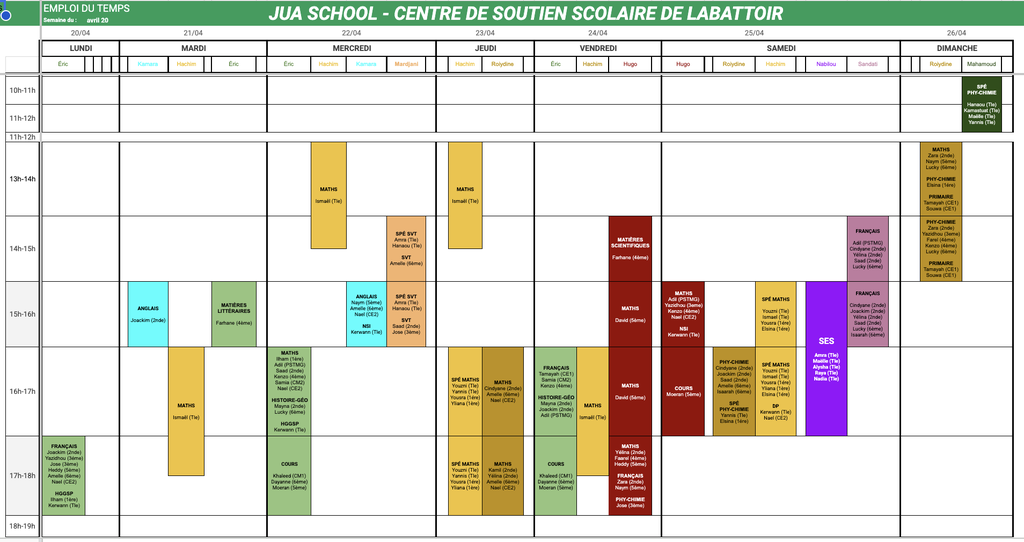 Emploi du temps - centre de soutien scolaire