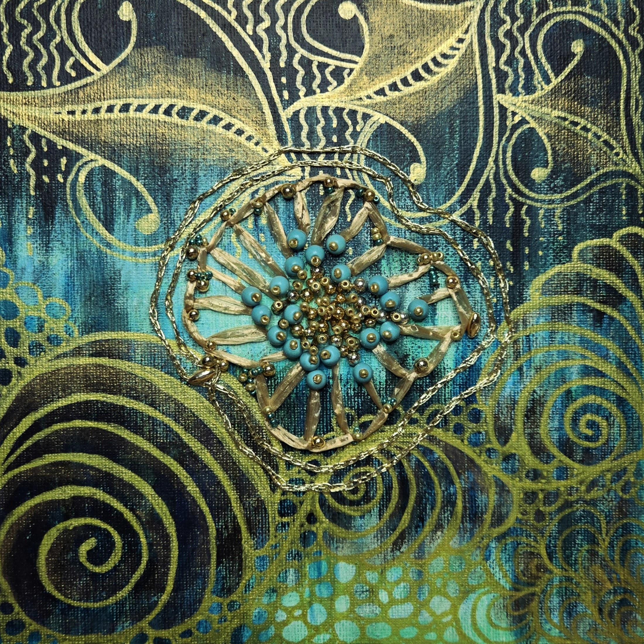 tableau brodé avec motifs zentangle vert et or