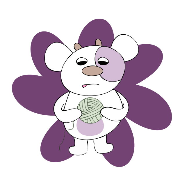 Mascotte de la marque d'une peluche d'une vache violette qui tient une pelote de laine sur un fond de fleur violette