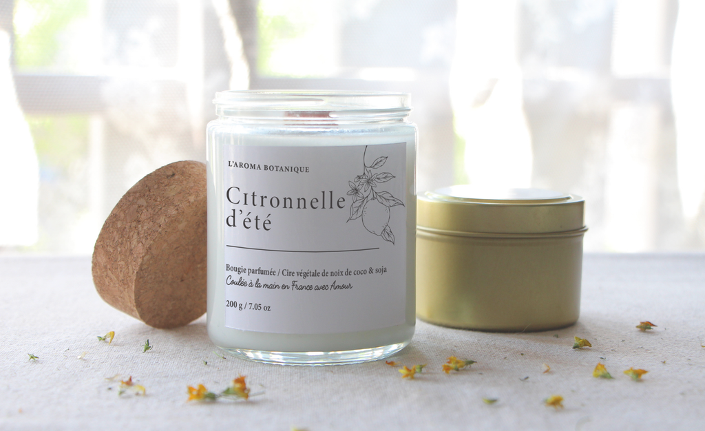 Bougie parfumée à la citronnelle;
cire végétale parfum français anti moustique