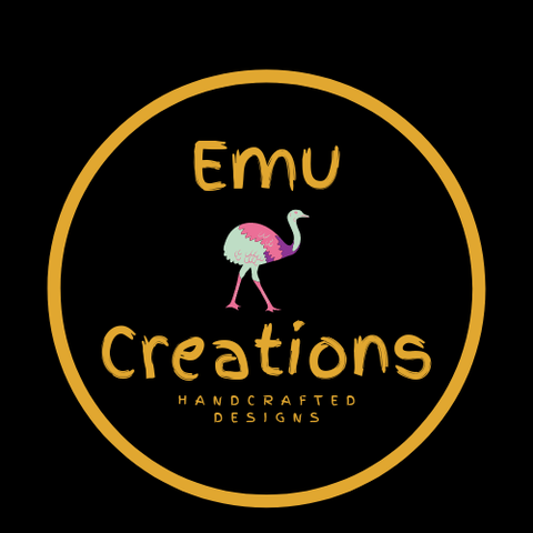 Emu Creations. Gold logo and text on black background. Finger paint font. Colourful emu. Handcrafted designs. Cards and gifts for all occasions. Handmade.