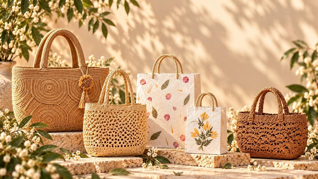 Sacs en raphia et créations en papier Antemoro de Madagascar dans une mise en scène artisanale Maison Ravina
