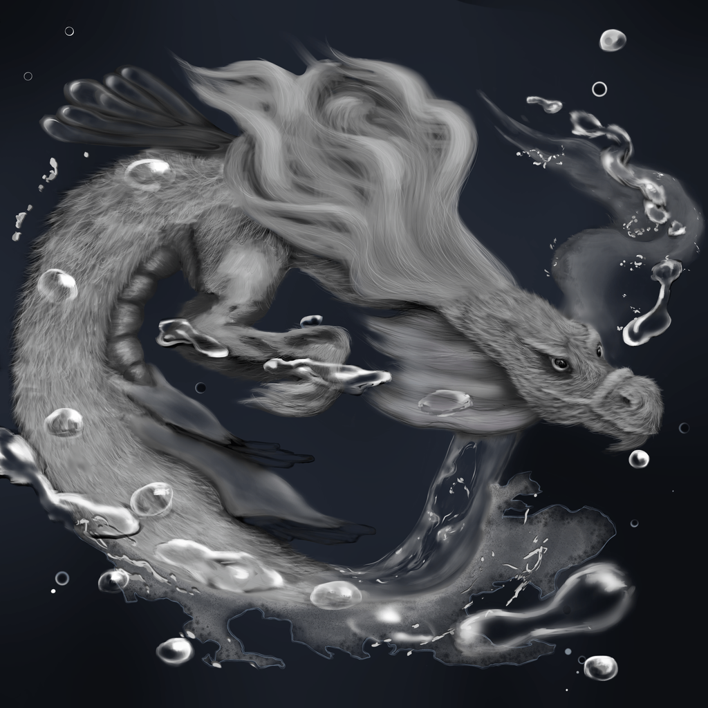 L'imagine représente une illustration originale de dragon par Telliam avec des poils les regard doux sous l''eau,  Le personnage est en noir et blanc et le fond est dans des tons bleu-gris. Des bulles l'entourent. 