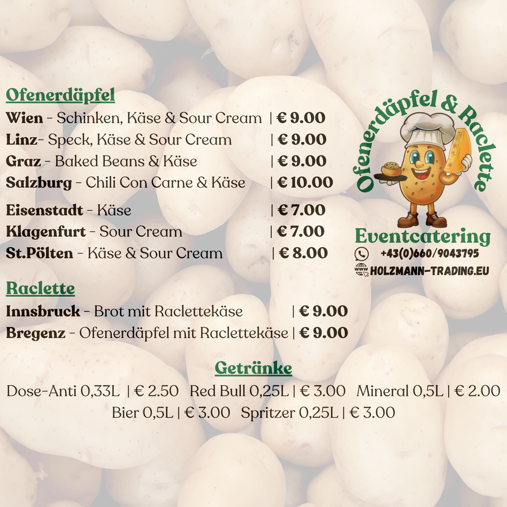 Foodtruck Catering mit Ofenerdäpfel und Raclette für Firmen und Events.
Firmencatering, Catering, Foodtruck.