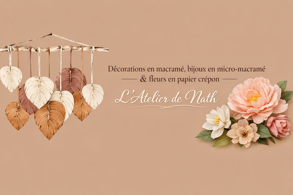 🌿 Bienvenue dans mon atelier créatif
Ici, chaque création est une invitation à la poésie.
Je façonne à la main des pièces uniques en macramé, des fleurs en papier crépon pleines de délicatesse, et des bijoux en micro macramé aux détails raffinés.🌿 Bienvenue dans mon atelier créatif
Ici, chaque création est une invitation à la poésie.
Je façonne à la main des pièces uniques en macramé, des fleurs en papier crépon pleines de délicatesse, et des bijoux en micro macramé aux détails raffinés.

