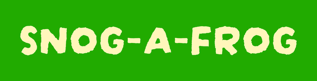 SNOG-A-FROG logo. Chunky pale yellow letters on a bright green background.
