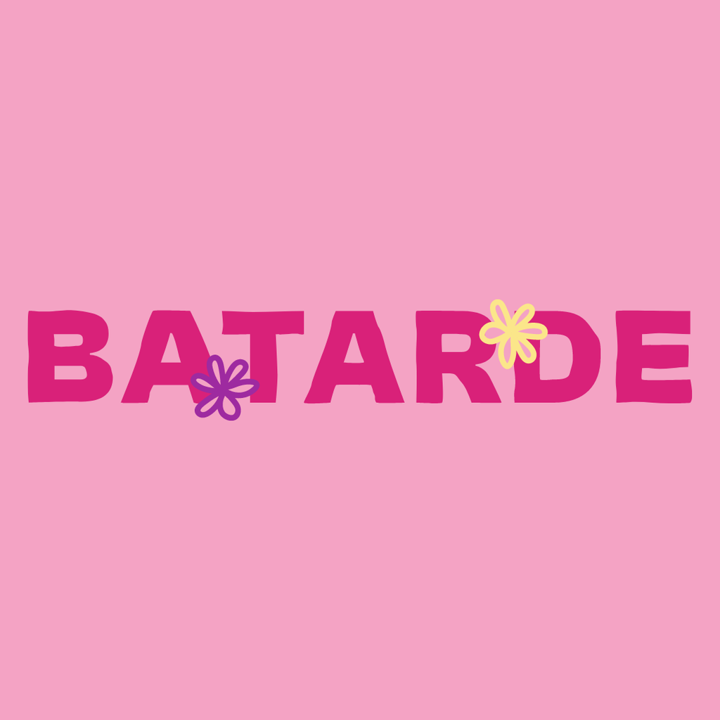 Logo Batarde rose fushia avec des fleurs jaune et violette