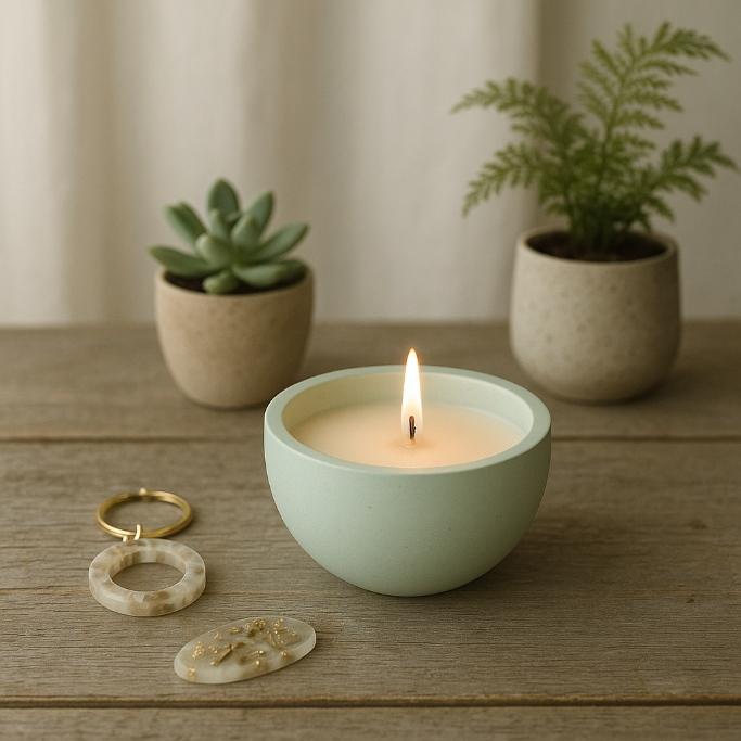 Image of burning candle and plant in a pot.