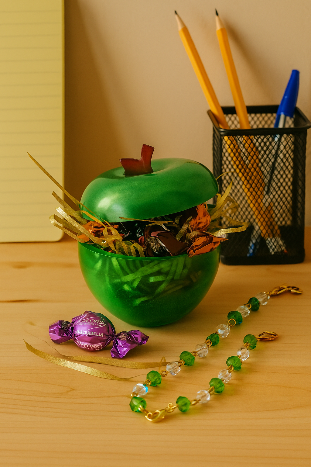 Resin Apple filled with gold shredded paper and chocolate truffles, an ideal Teacher gift