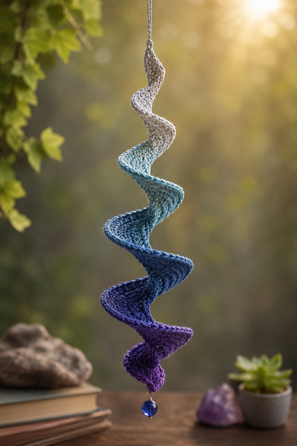 Suspended crochet fibre-art form from the Aerial Forms collection by GlySta Studio, exploring spiral structure, movement and air interaction.