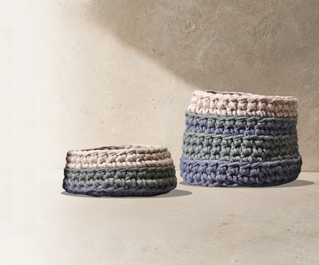 Sculptural fibre-art vessel from the Strata collection by GlySta Studio, exploring layered crochet texture and soft architectural form.
