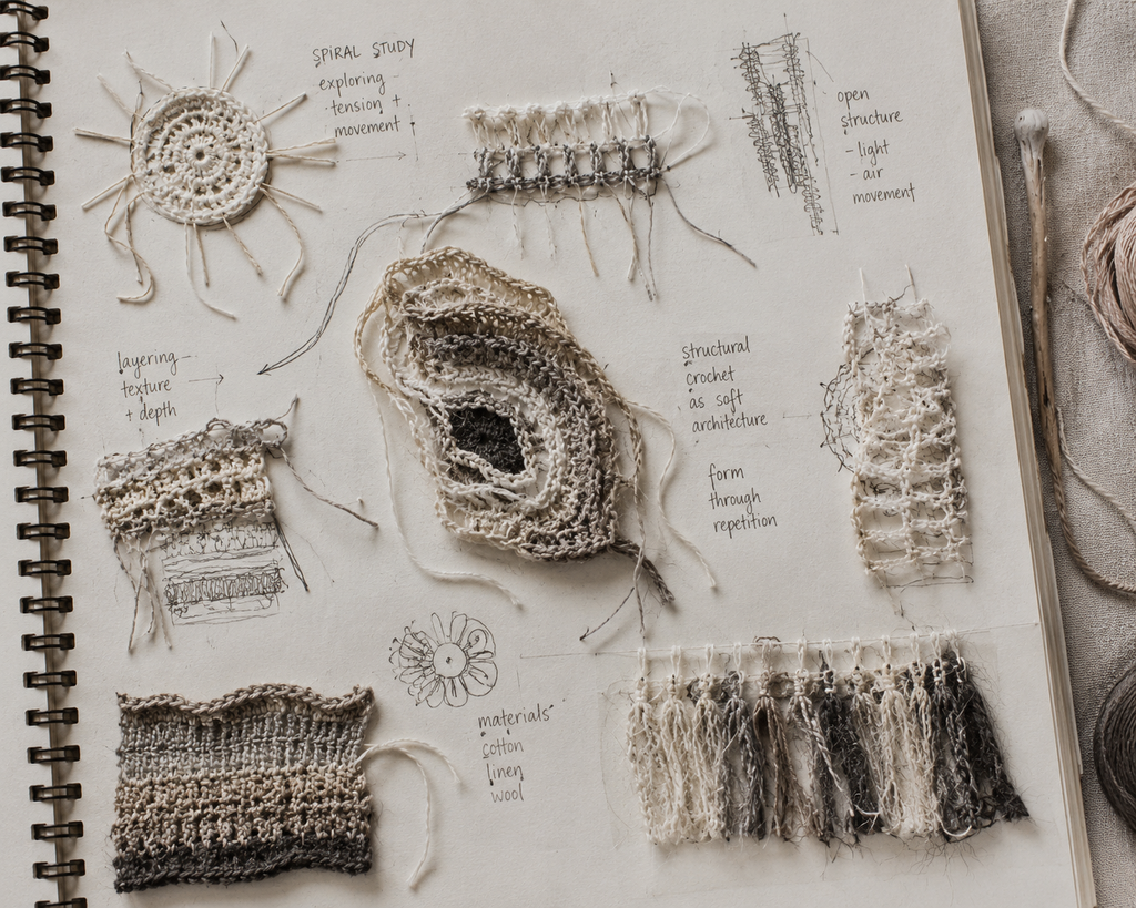 Fibre-art material and process studies by GlySta Studio exploring crochet structure, texture and experimental textile form.