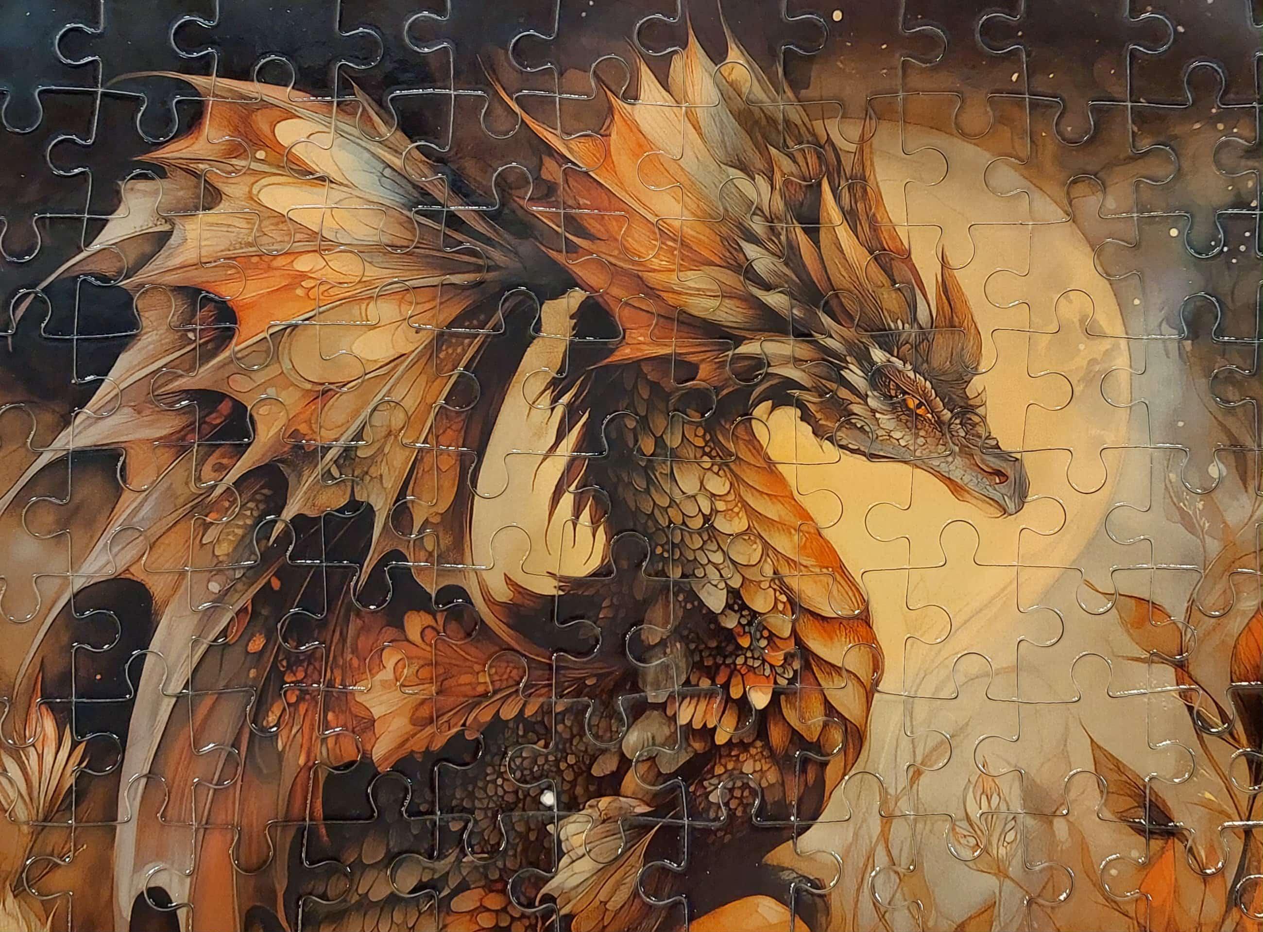 Magnifique puzzle terminé représentant un dragon aux ailes déployées, illustré dans des tons chauds avec une lune lumineuse en arrière‑plan.