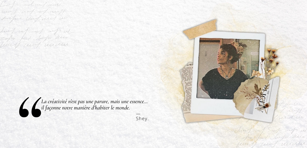 Image de Shey. dans un polaroid + une citation sur la créativité. 