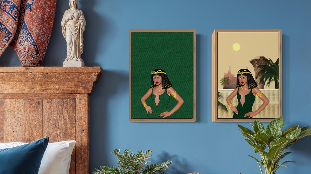 Illustration d’une reine moderne et mythique, symbole de force et de féminité, par Rebecca Bedelia