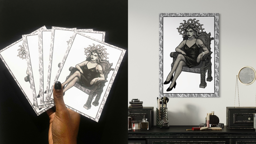 Illustration d’une femme au regard intense et fatal, création originale par Rebecca Bedelia