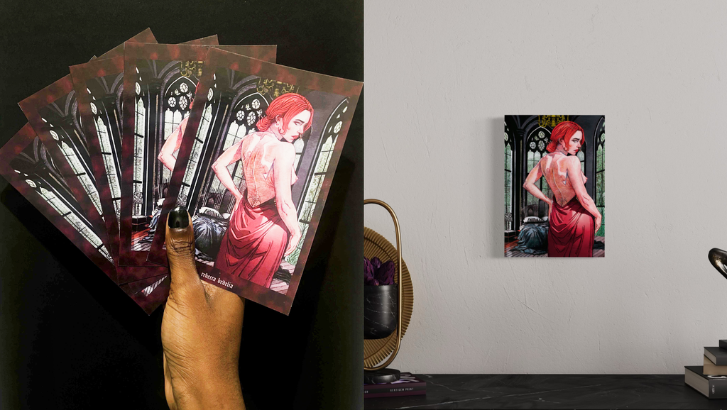 Illustration artistique d’une femme mystérieuse entre ombre et désir, création originale de Rebecca Bedelia