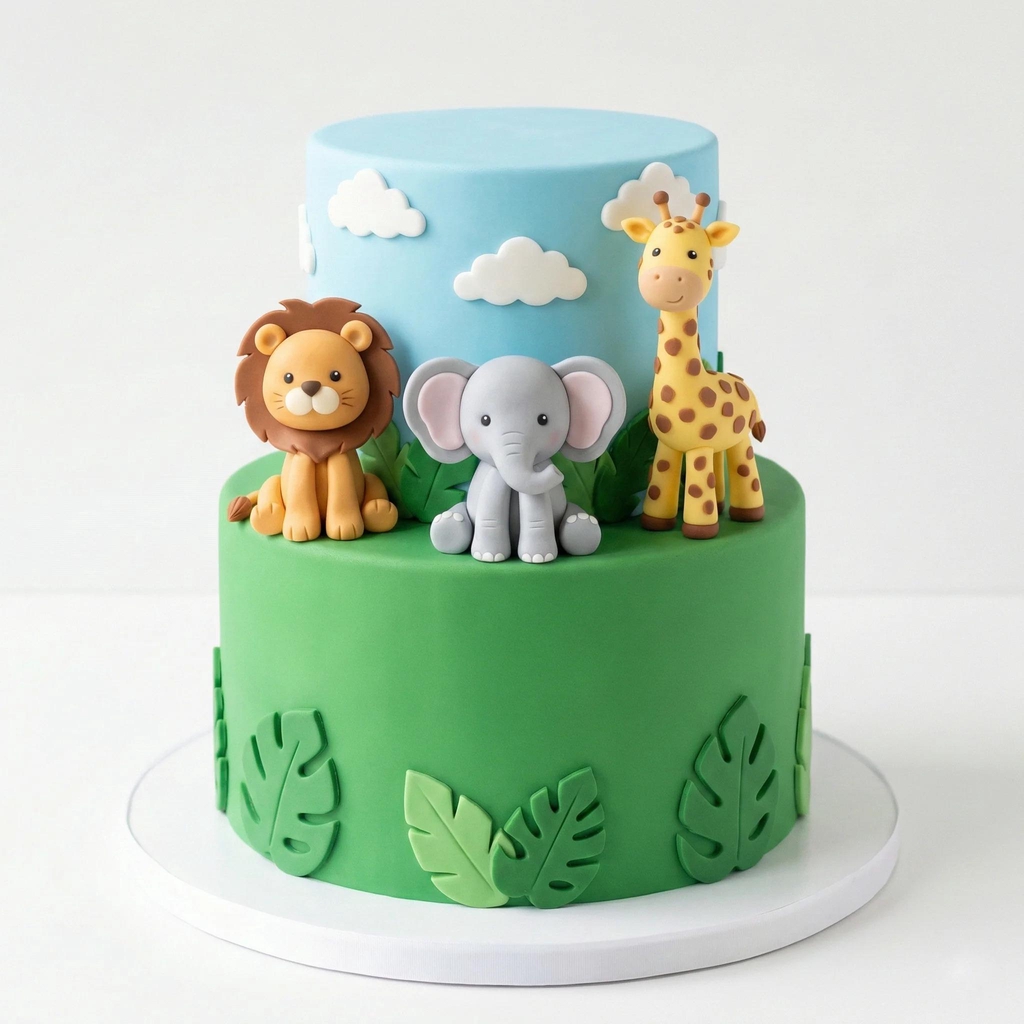 Custom safari themed kids birthday cake made by a boutique bakery in London.