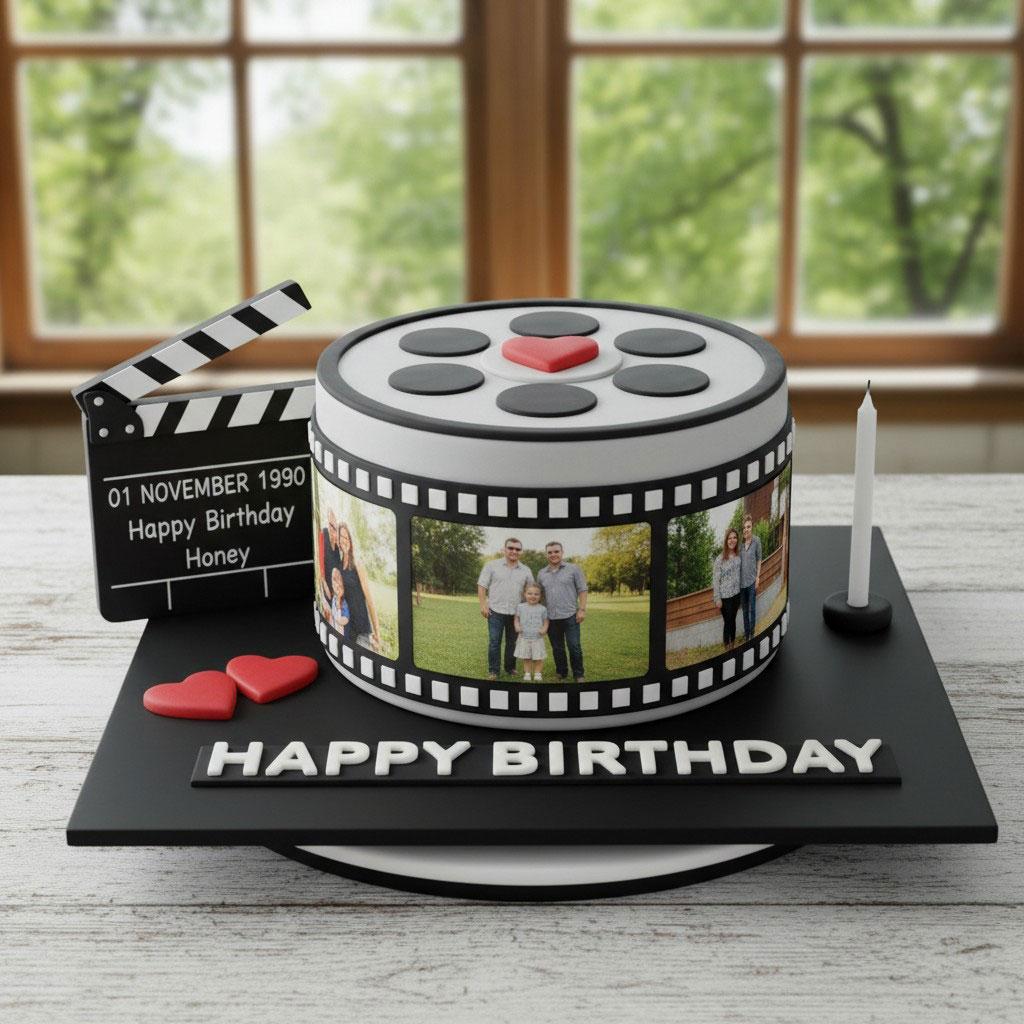 A personalized celebration cake featuring a high-definition edible photo print on a sugar sheet, surrounded by decorative icing.