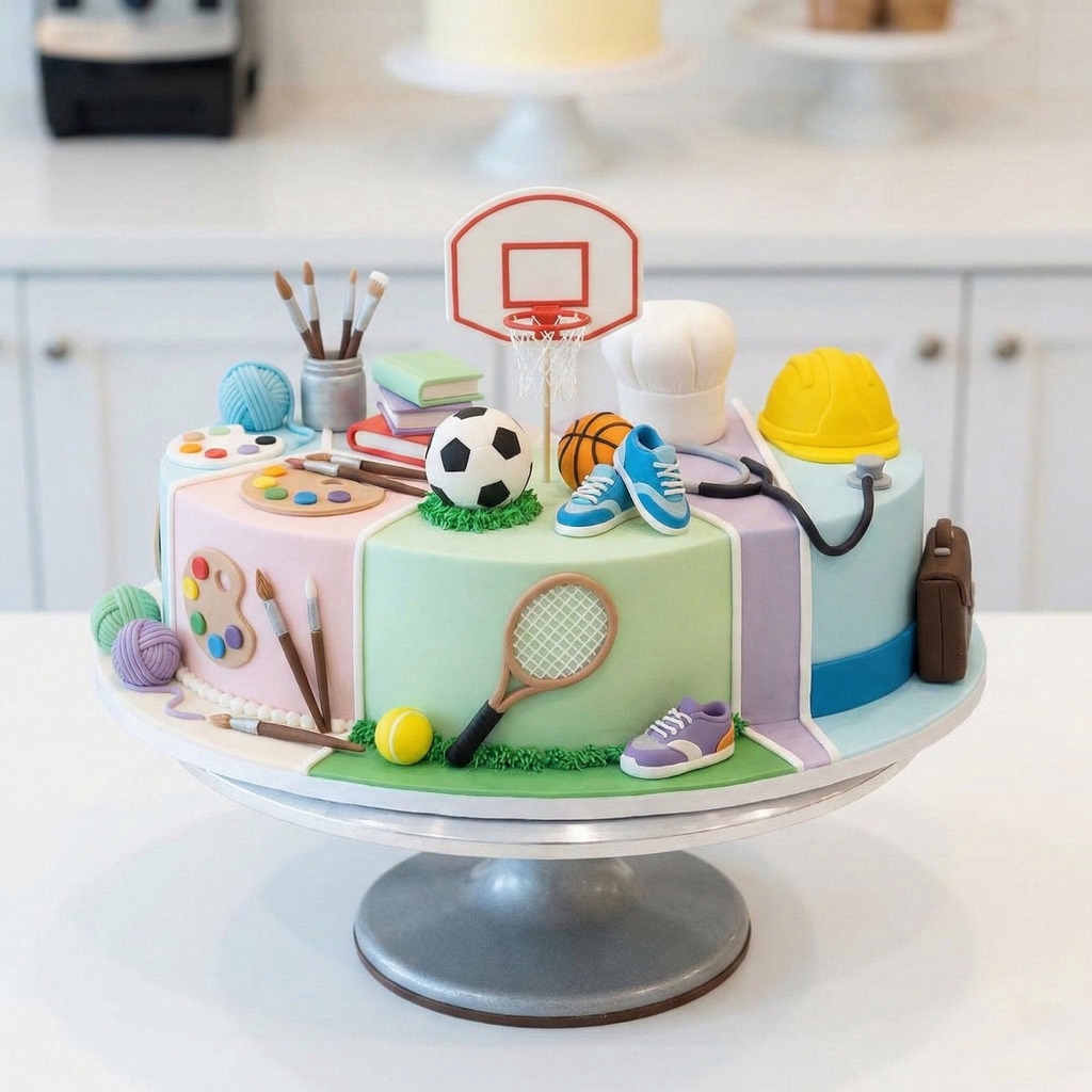 A detailed custom cake showcasing a personalized theme based on a specific hobby, sport, or profession, decorated with edible elements.