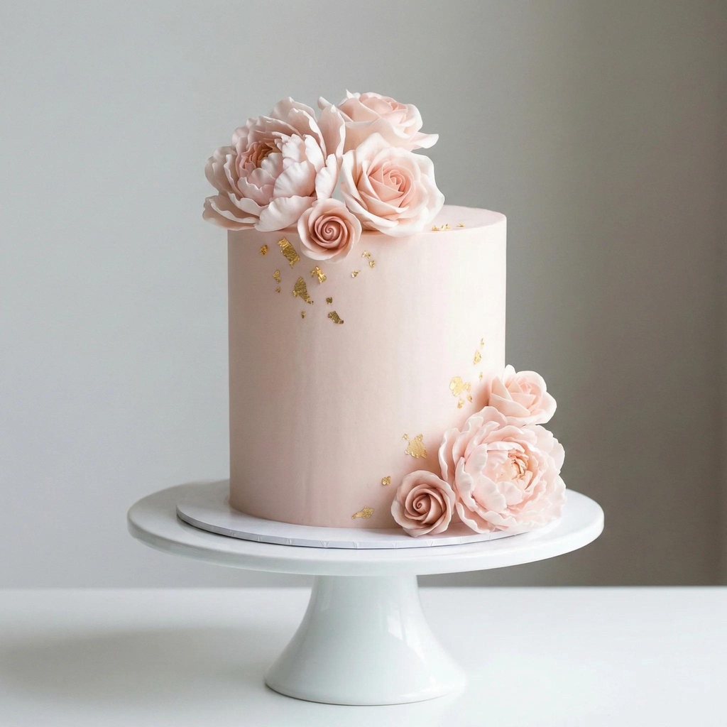 Elegant pale pink adult birthday cake decorated with sugar flowers in London.