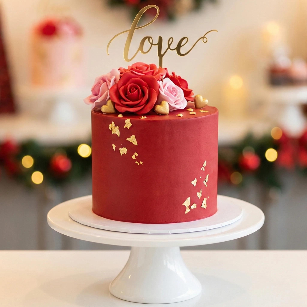Festive red seasonal holiday special cake decorated with elegant roses in London.
