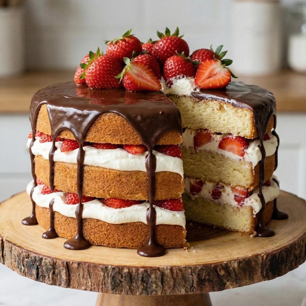 Signature classic Victoria sponge cake with fresh cream and strawberries in London.